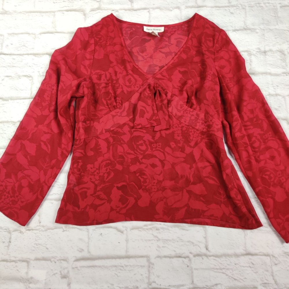Vintage Rena Rowan Womans Blouse Tie Floral Semi Sheer Retro 90s Y2K Red sz 14